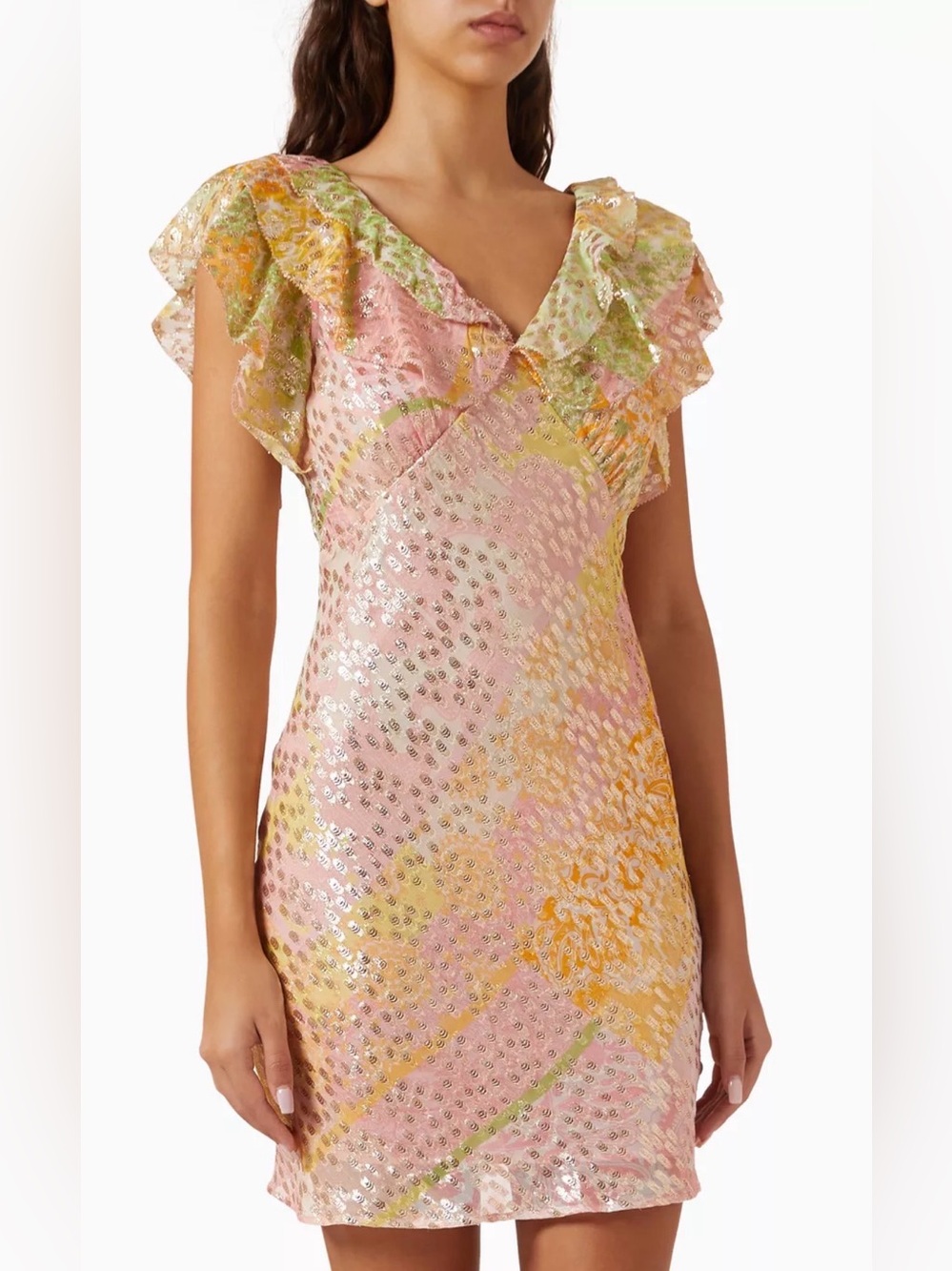 Never Fully Dressed NWT Pink  Ruffle V-Neck Metallic Patchwork Dress Size 10